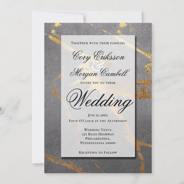 Sophisticated Grey with Gold Marbling Wedding Announcement (Front)