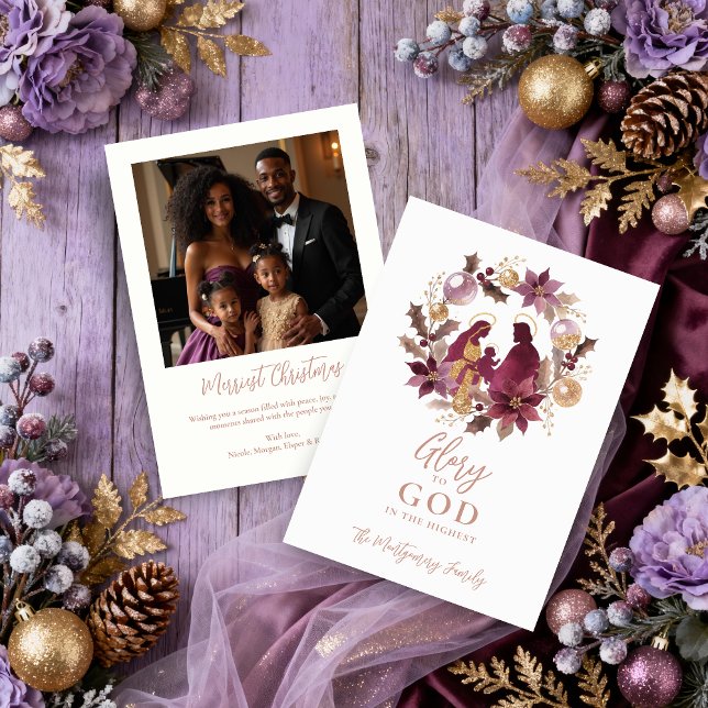 Sophisticated Lavender Shades Holy Nativity Floral Holiday Card (Sophisticated Lavender Shades Holy Nativity Floral Wreath Glitter Holiday Cards,  Custom Back Photo.)
