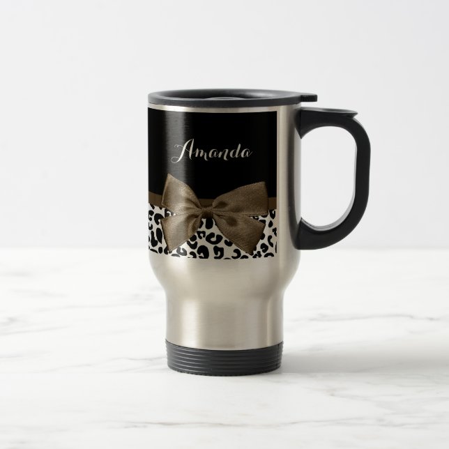 Sophisticated Leopard Print Brown Bow With Name Travel Mug (Right)
