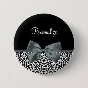 Sophisticated Leopard Print Grey Bow With Name 6 Cm Round Badge