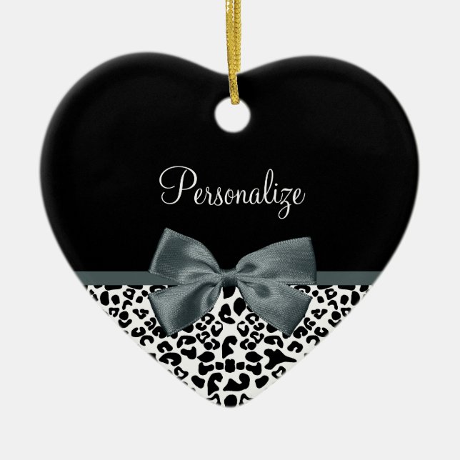 Sophisticated Leopard Print Grey Bow With Name Ceramic Tree Decoration (Front)