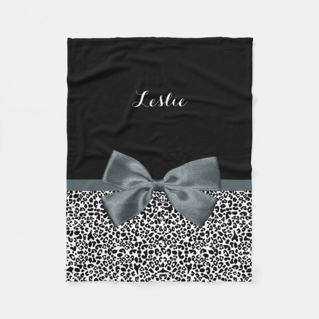 Sophisticated Leopard Print Grey Bow With Name Fleece Blanket (Front)