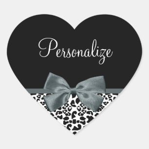 Sophisticated Leopard Print Grey Bow With Name Heart Sticker