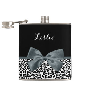 Sophisticated Leopard Print Grey Bow With Name Hip Flask