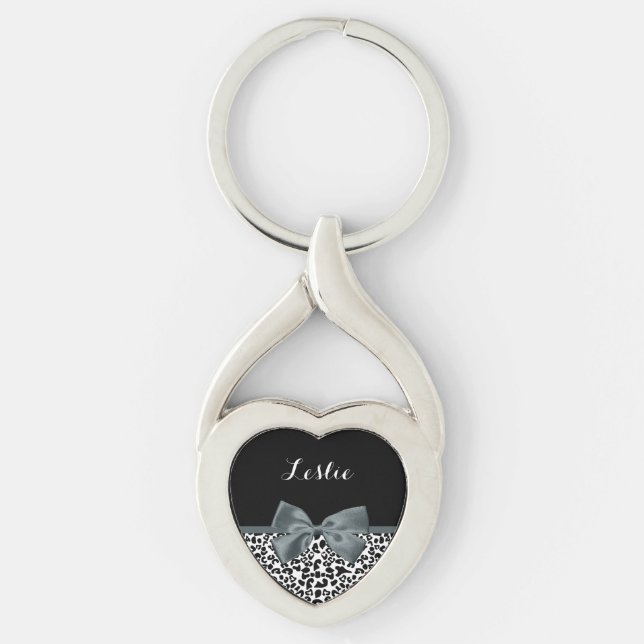 Sophisticated Leopard Print Grey Bow With Name Key Ring (Front)