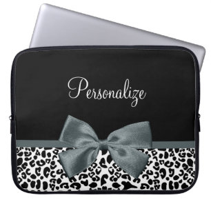 Sophisticated Leopard Print Grey Bow With Name Laptop Sleeve