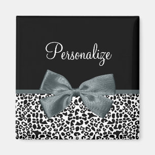 Sophisticated Leopard Print Grey Bow With Name Magnet