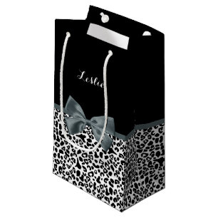 Sophisticated Leopard Print Grey Bow With Name Small Gift Bag