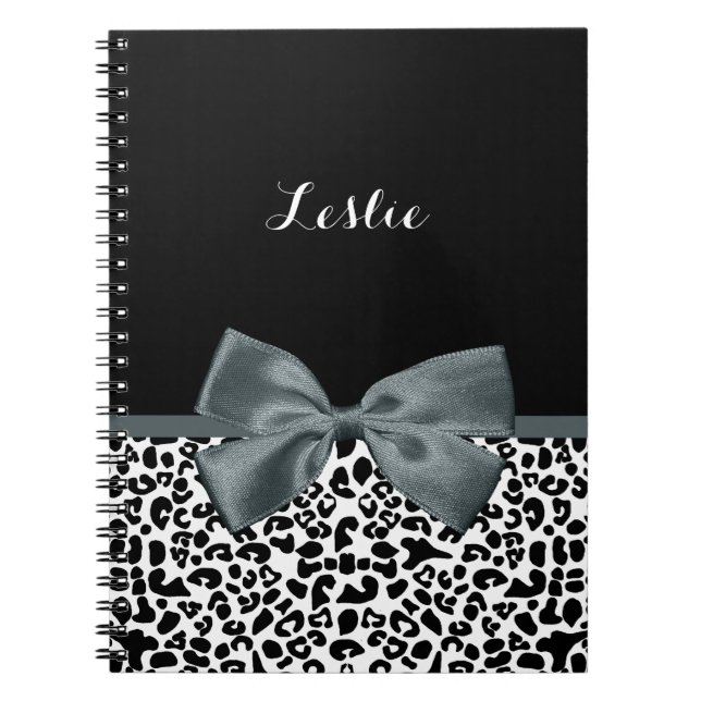 Sophisticated Leopard Print Grey Bow With Name Spiral Notebook (Front)
