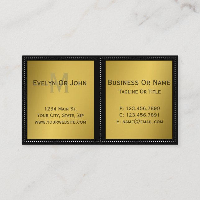 Sophisticated Look, Sleek Gold And Black Monogram  Business Card (Front)