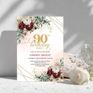 Sophisticated Maroon Flowers Gold 90th Birthday  Invitation