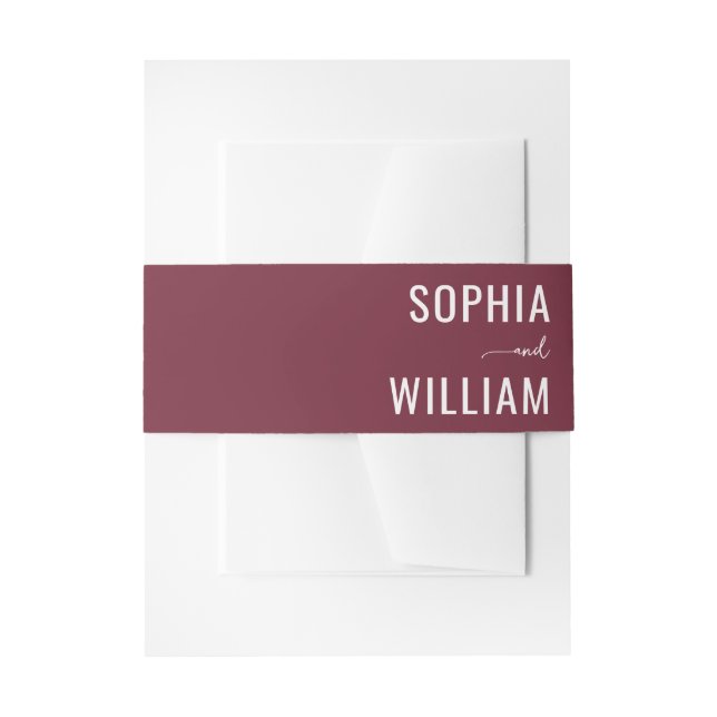 Sophisticated Maroon Typographic Names Invitation Belly Band (Front Example)
