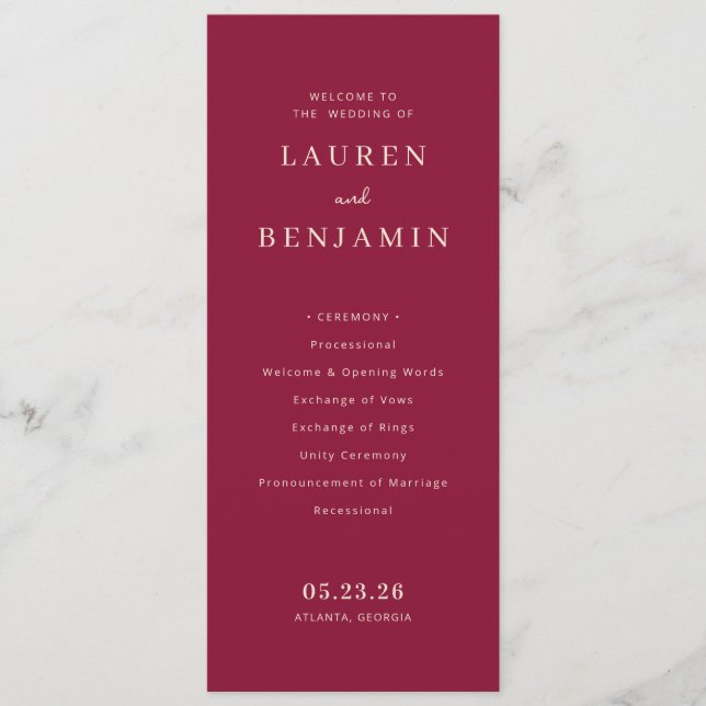 Sophisticated Maroon Wedding Ceremony Program Programme (Front)