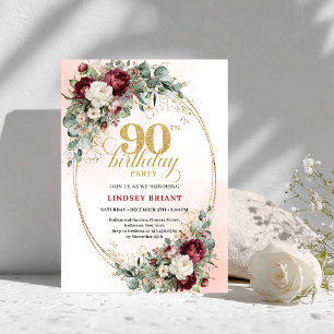 Sophisticated Marsala Peonies Gold 90th Birthday  Invitation