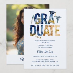 Sophisticated Medical Grad Navy Gold Watercolor Invitation