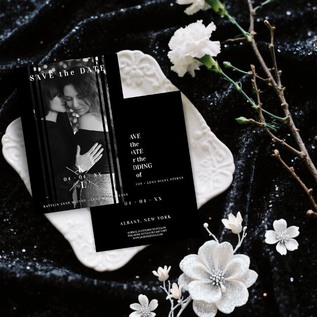 Sophisticated Minimal Black & White Couple Wedding (Sophisticated B&W Photo Couple Lesbian Gay Wedding Real Silver Foil Save the Date Card)