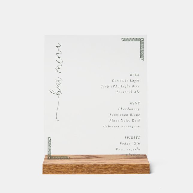 Sophisticated Minimalist Bar Menu Acrylic Sign (Front)