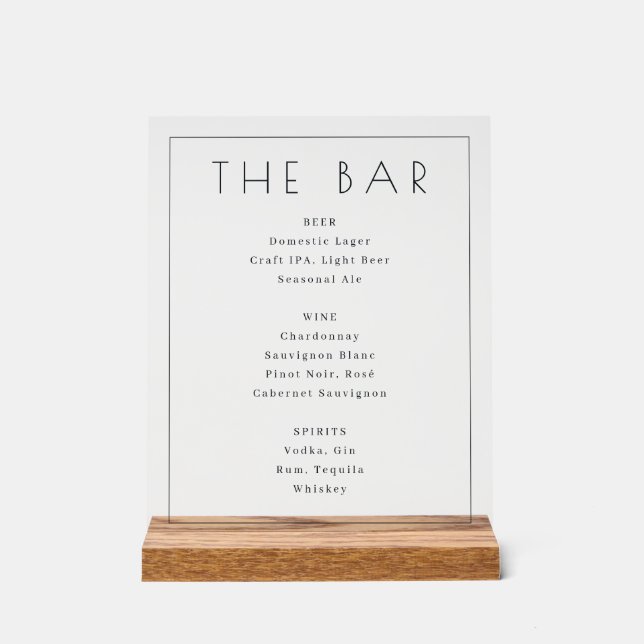 Sophisticated Minimalist Beverage Menu Acrylic Sign (Front)