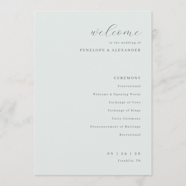 Sophisticated Mint Typographic Wedding Programme (Front)