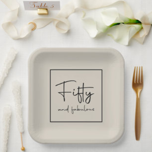 Sophisticated Modern Script Ivory Fifty & fabulous Paper Plate
