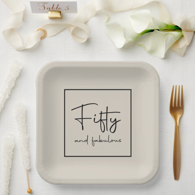 Sophisticated Modern Script Ivory Fifty & fabulous Paper Plate (Wedding)
