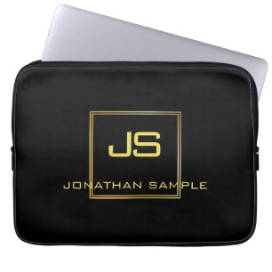 Sophisticated Monogram Black Gold Template Laptop Sleeve