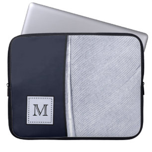 Sophisticated Navy and Silver Feather Monogram Laptop Sleeve