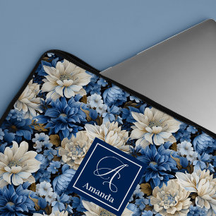 Sophisticated Navy Blue Flowers Luxury Laptop Case