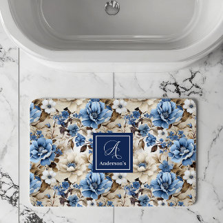 Sophisticated Navy Blue Flowers Personalised Bath  Mat