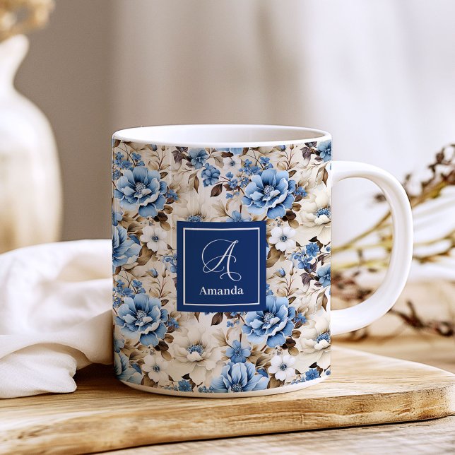 Sophisticated Navy Blue Flowers Personalised   Coffee Mug (Sophisticated Navy Blue Flowers Personalized Coffee Mug)