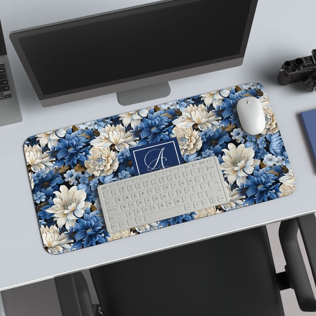 Sophisticated Navy Blue Flowers Personalised Desk  Mat (Sophisticated Navy Blue Flowers Personalized Desk Mat)