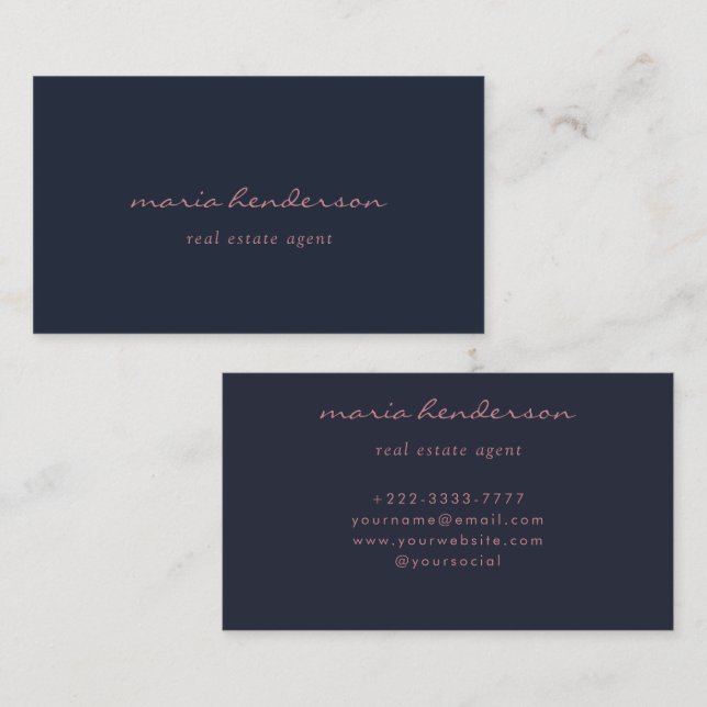 Sophisticated Navy Blue & Pink Script Monogram Business Card (Front/Back)