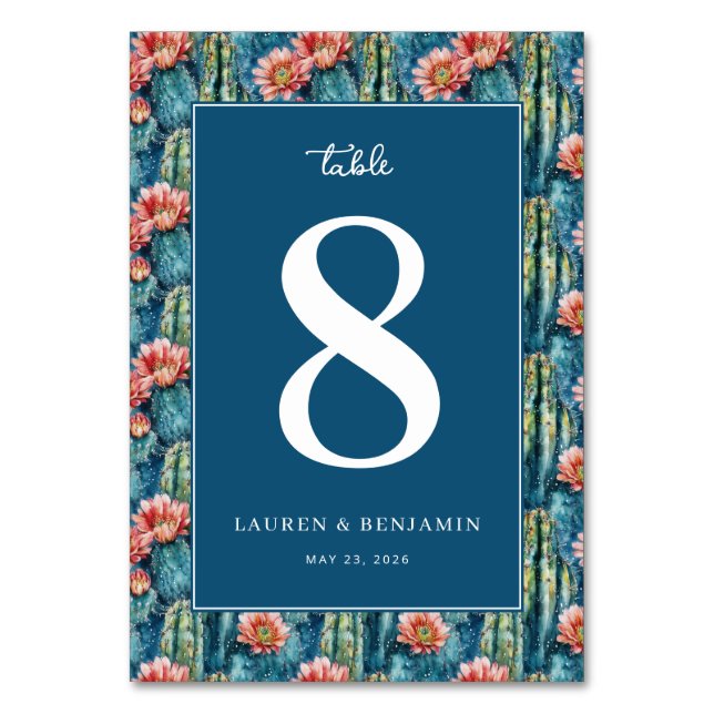 Sophisticated Navy Cactus Floral Table Number (Front)