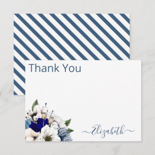 Sophisticated Navy Dusty Blue Floral Personalised Thank You Card
