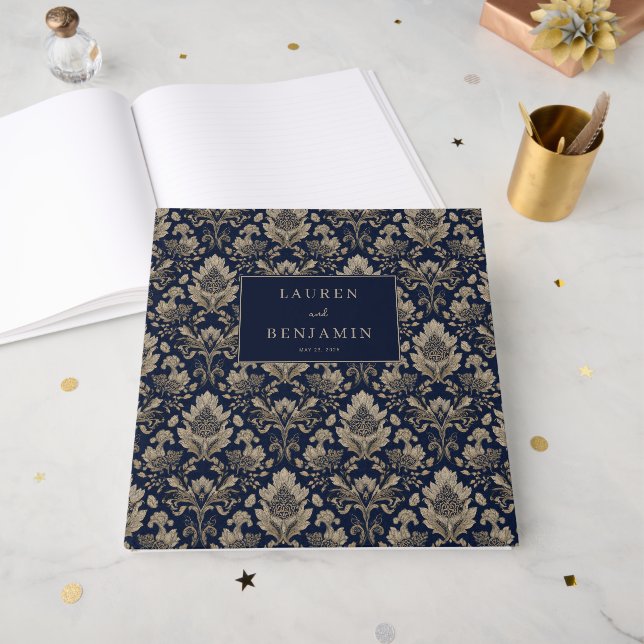 Sophisticated Navy Floral Vintage Guest Book (Front Open)