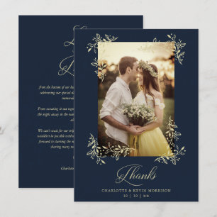 Sophisticated Navy Flourish Photo Wedding Thanks Thank You Card