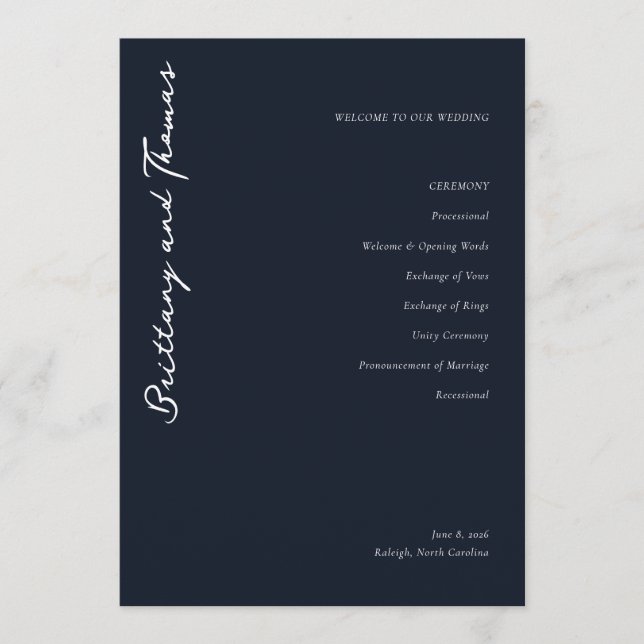Sophisticated Navy Minimalist Wedding Program Programme (Front)