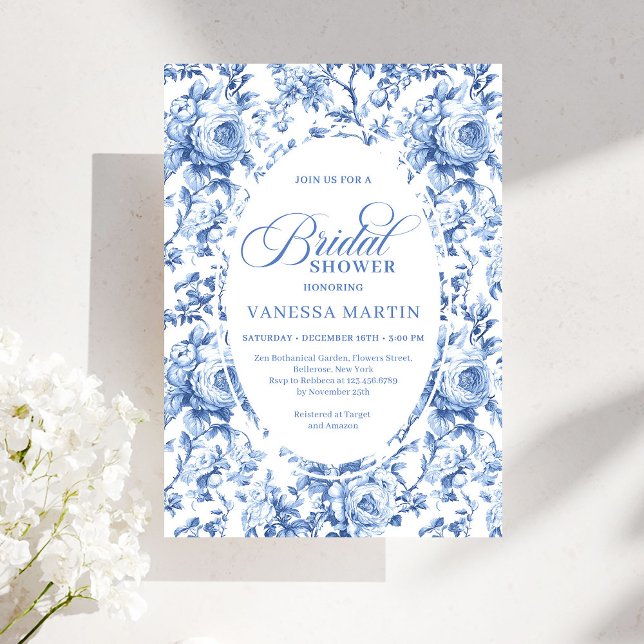 Sophisticated Navy Toile Rose Bridal Shower Invite (Sophisticated Navy Toile Rose Bridal Shower Invite)