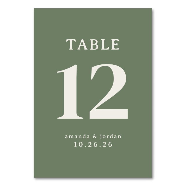Sophisticated Olive Typographic Table Number (Front)