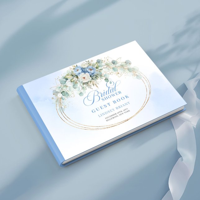 Sophisticated Pastel Blue Peony Greenery Gold Book (Lovely Light Blue Flowers Eucalyptus Gold Guest Book)