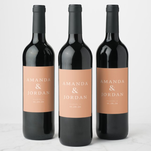 Sophisticated Peach Minimalist Wedding Wine Label (Bottles)
