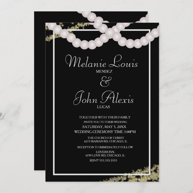 Sophisticated Pearl Foil Confetti Borders Wedding Invitation (Front/Back)