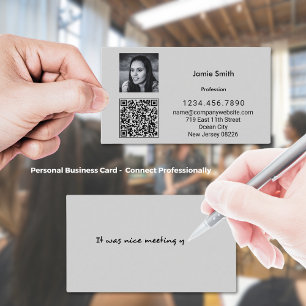 Sophisticated Photo QR Code Personal Message Grey Business Card