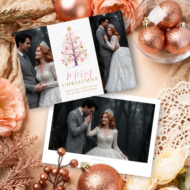Sophisticated Pink First Christmas Wedding Tree Holiday Card (Refined Pink Christmas Tree 3-Photo Cards for Wedding or First Christmas Holiday Cards.)