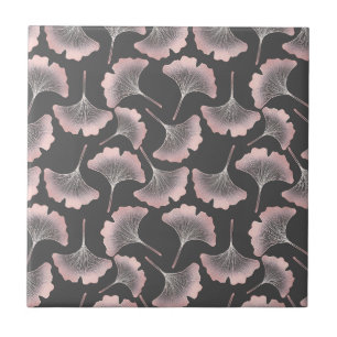 Sophisticated Pink Line Art Ginkgo on Dark Canvas Tile