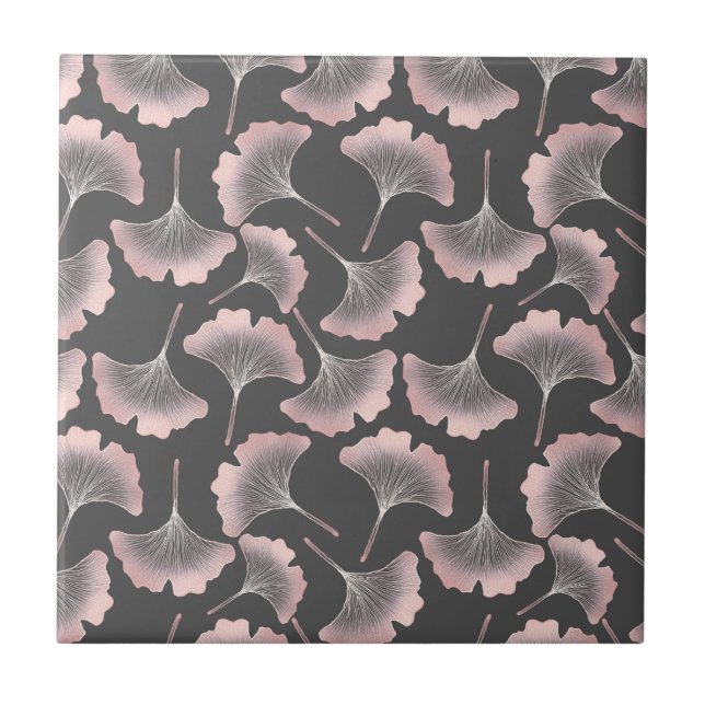 Sophisticated Pink Line Art Ginkgo on Dark Canvas Tile (Front)