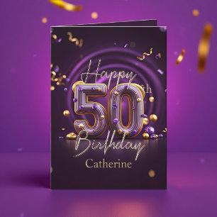 Sophisticated Purple and Gold 50th Birthday Card