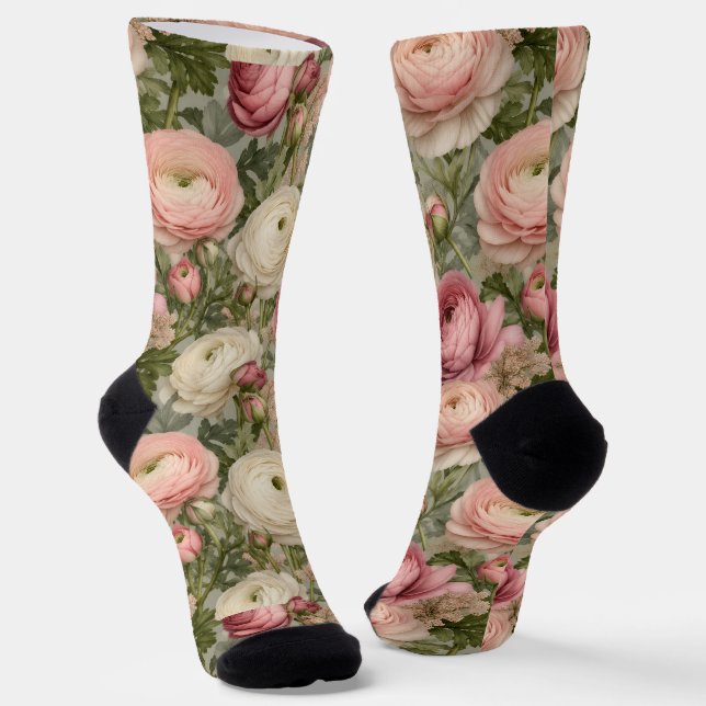 Sophisticated Ranunculus Floral Print Socks (Angled)