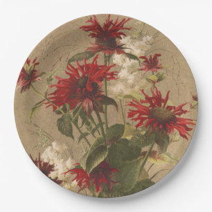 Sophisticated Red & Burgundy Floral Against Beige Paper Plate