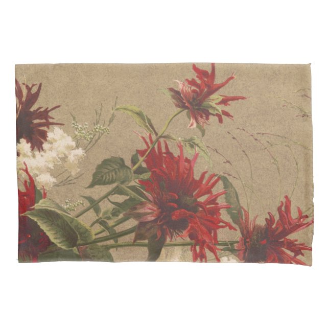 Sophisticated Red & Burgundy Floral Against Beige Pillowcase (Front)